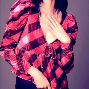 $78 NWT ANTHROPOLOGIE MAEVE velvet babydoll top pink plaid XS